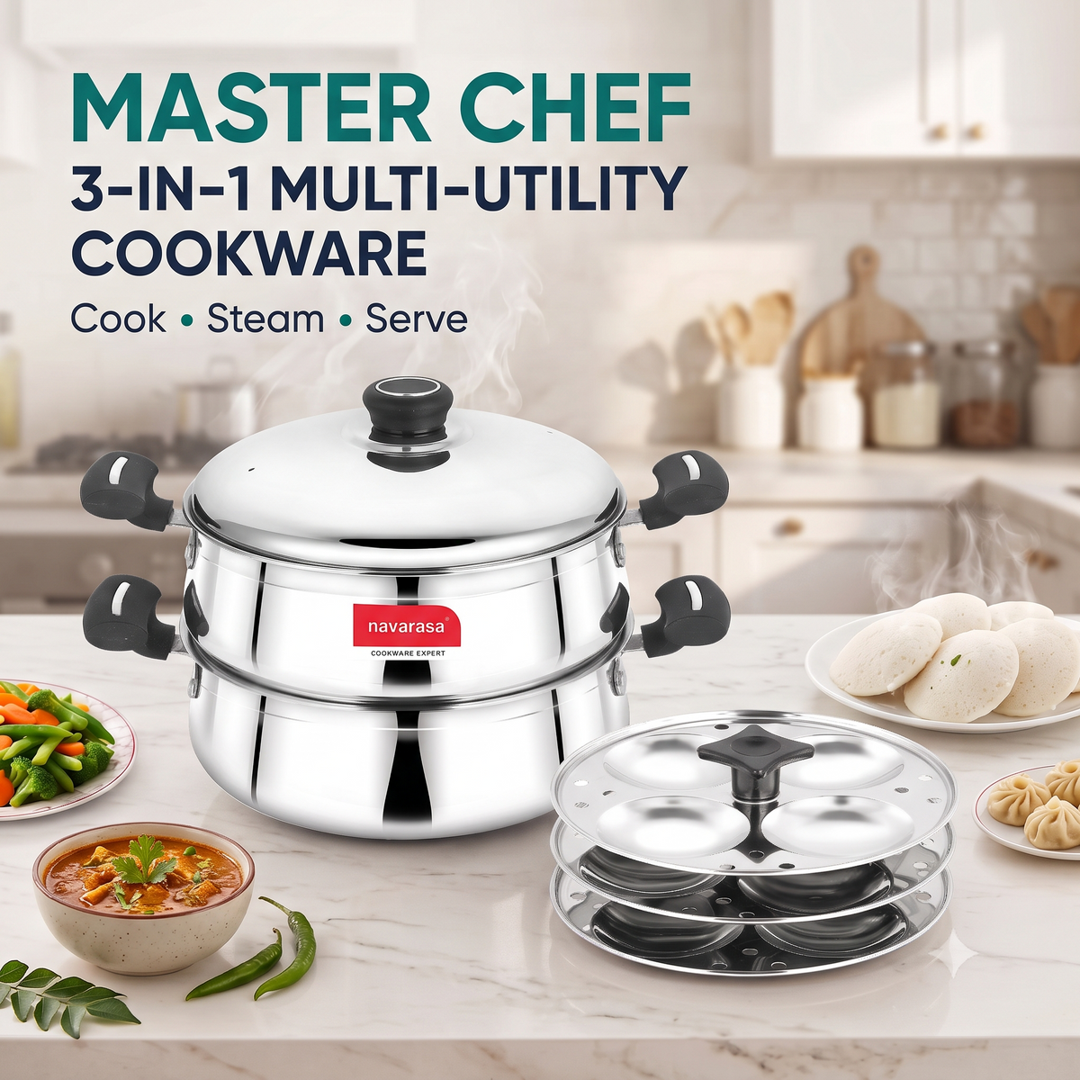 Navarasa Steam Craft Elite 3 in 1 | Heavy Cookpot, Steamer with Idly Plates Stainless Steel 2.8 L