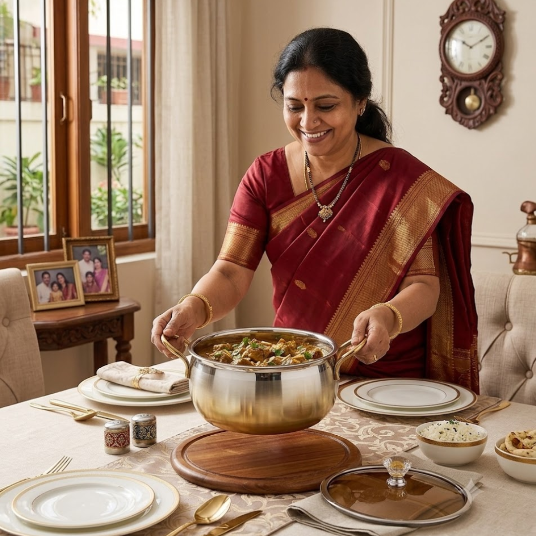 Premium Stainless Steel Lotus Dish Serve Pot with Lid – Elegant Multi-Purpose Serving Bowl for Rice, Curry, Biryani & Snacks