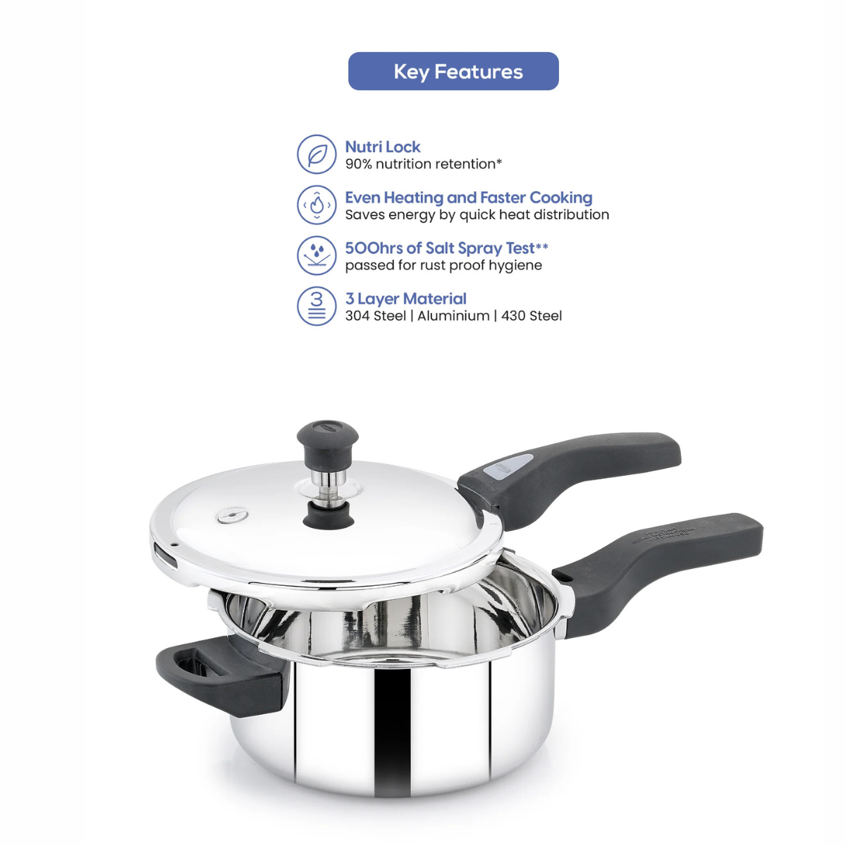 Navarasa Triply Pressure Cooker | Outer Lid | Stainless Steel | 3 L - Induction Compatible | ISI Certified SKU: NCTPPC01