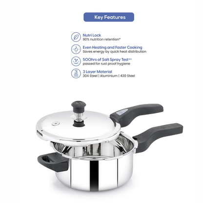 Navarasa Triply Pressure Cooker | Outer Lid | Stainless Steel | 3 L - Induction Compatible | ISI Certified SKU: NCTPPC01