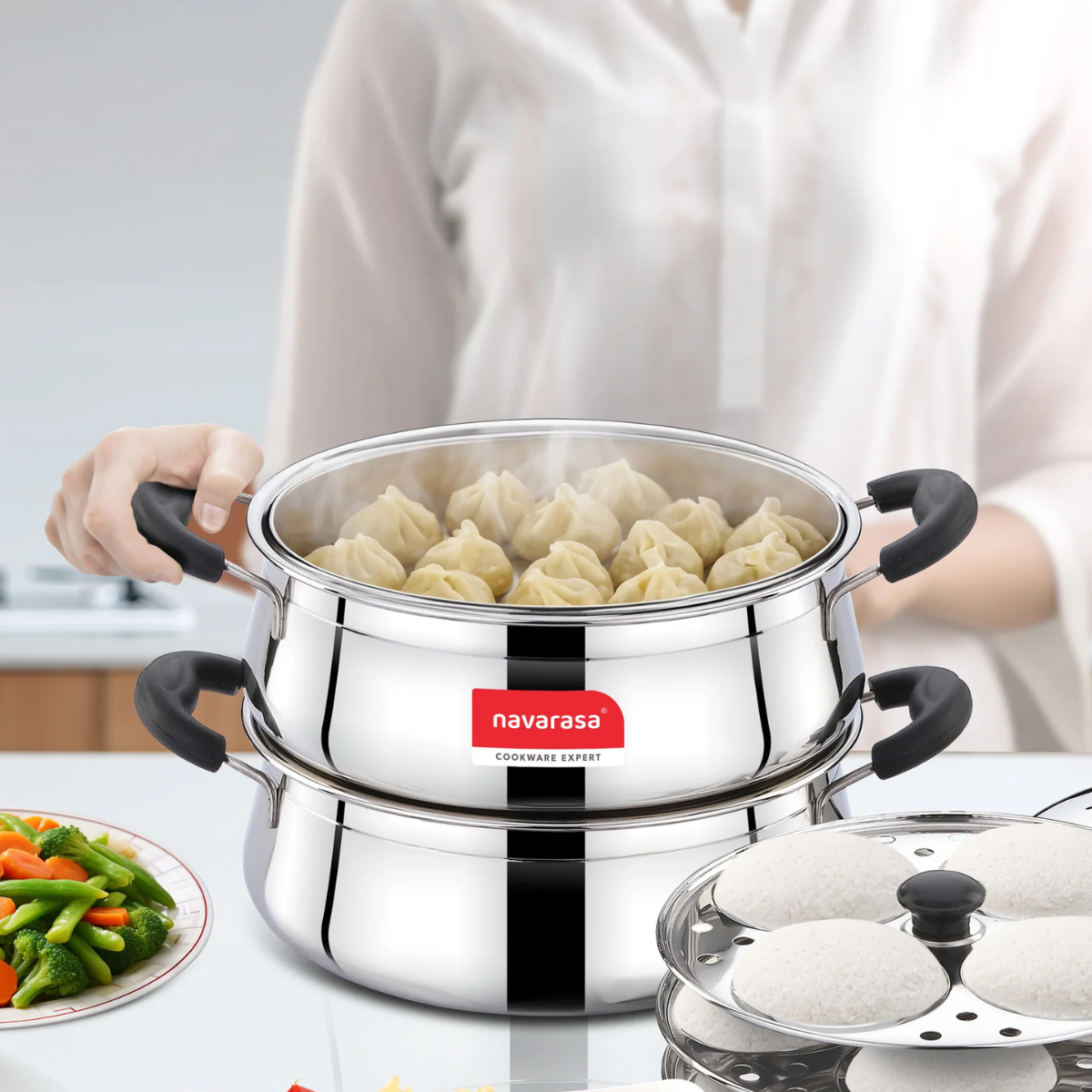 Navarasa Steam Craft Elite 3 in 1 | Heavy Cookpot, Steamer with Idly Plates Stainless Steel 2.8 L Momo Maker/Idiyappam/Vegetable Steaming - Induction Compatible