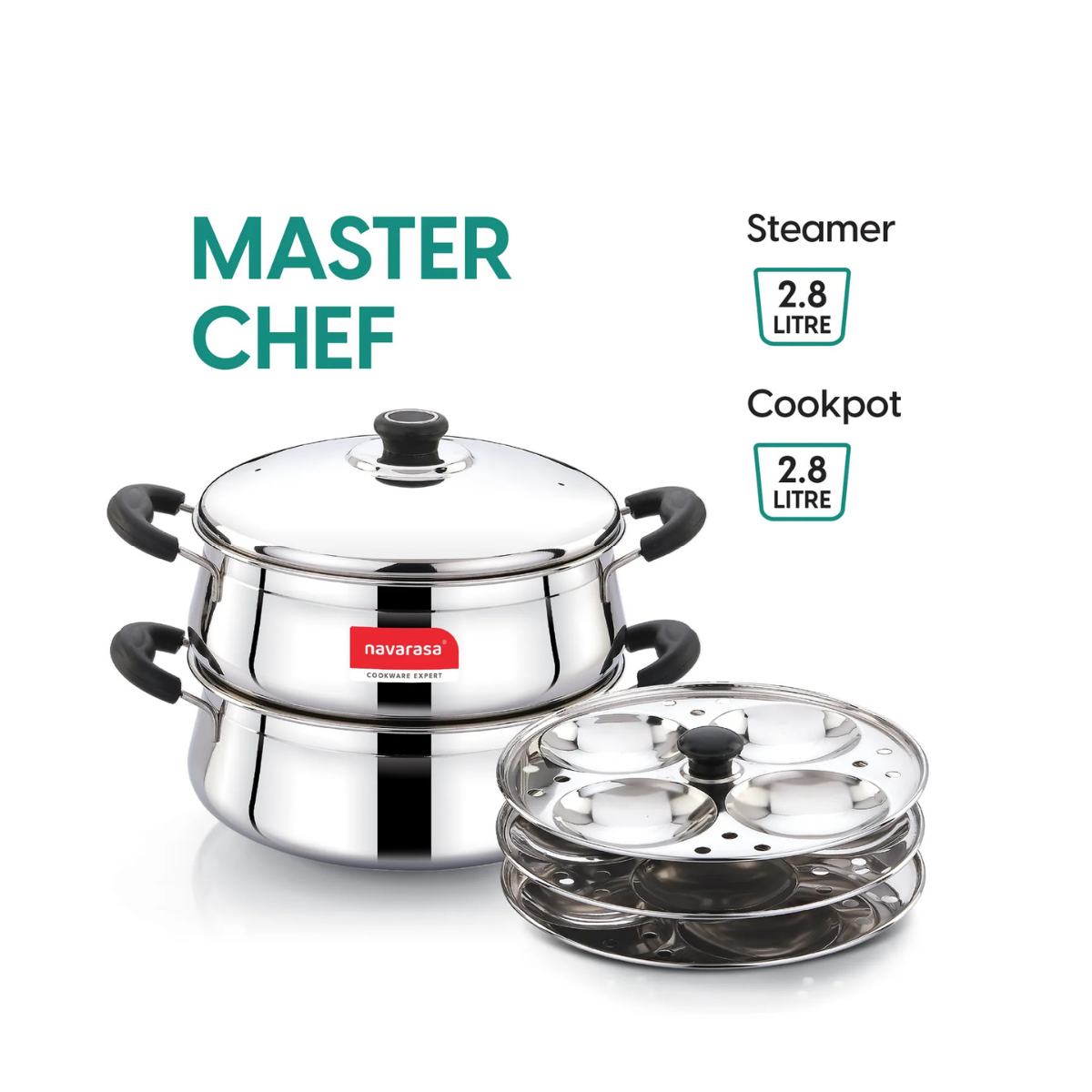 Navarasa Steam Craft Elite 3 in 1 | Heavy Cookpot, Steamer with Idly Plates Stainless Steel 2.8 L Momo Maker/Idiyappam/Vegetable Steaming - Induction Compatible