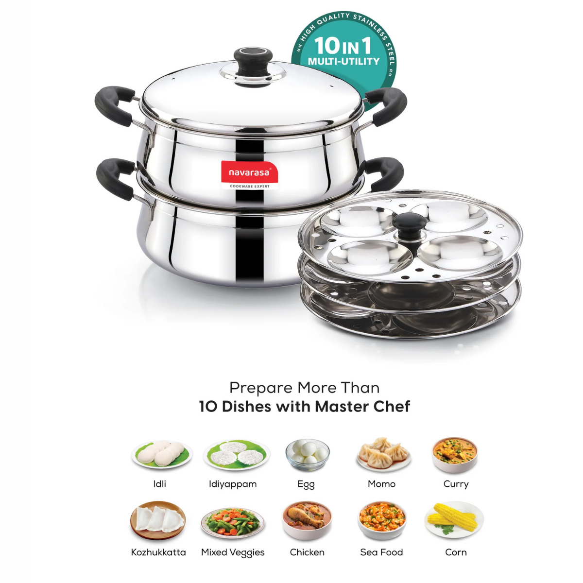 Navarasa Steam Craft Elite 3 in 1 | Heavy Cookpot, Steamer with Idly Plates Stainless Steel 2.8 L Momo Maker/Idiyappam/Vegetable Steaming - Induction Compatible