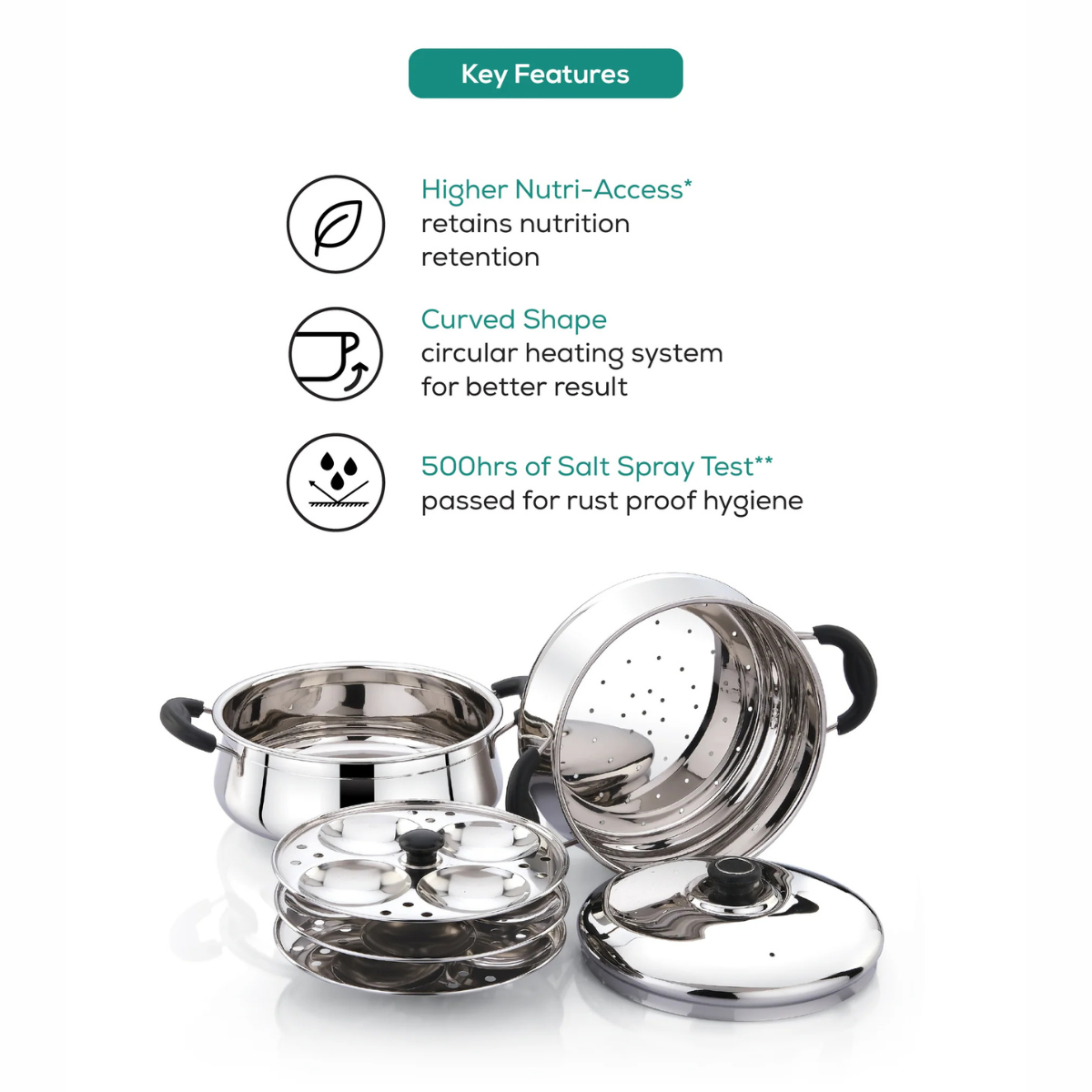 Navarasa Steam Craft Elite 3 in 1 | Heavy Cookpot, Steamer with Idly Plates Stainless Steel 2.8 L Momo Maker/Idiyappam/Vegetable Steaming - Induction Compatible