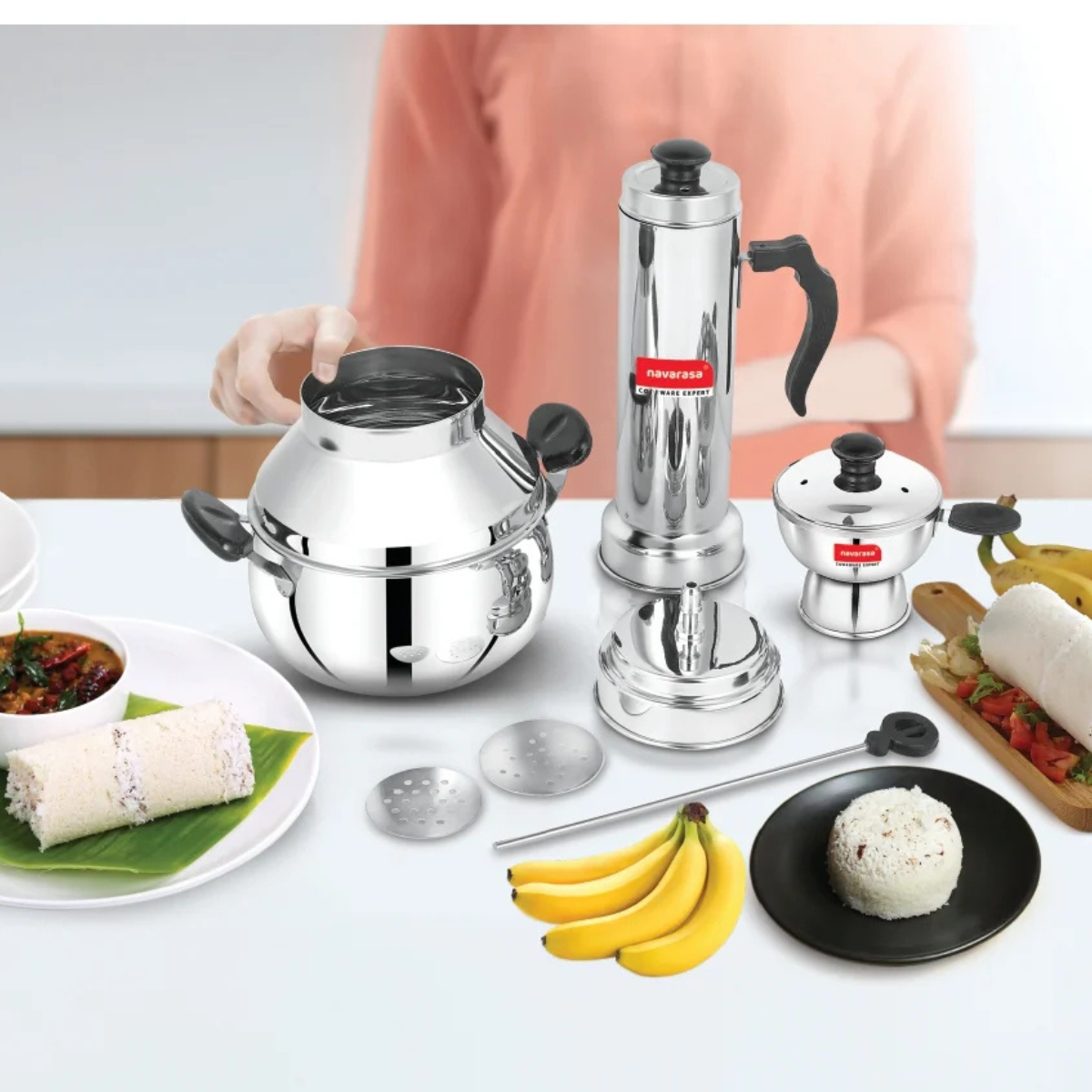 Two-in-One Puttu Cooker | Stainless Steel Navarasa Puttu Kudam with Double Handle | Induction Compatible