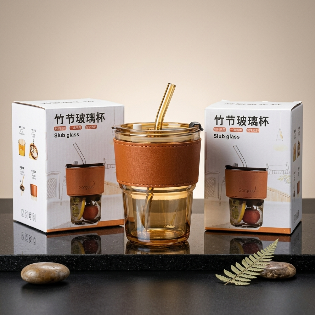 Premium Slub Glass with Straw & Lid – Sip in Style
