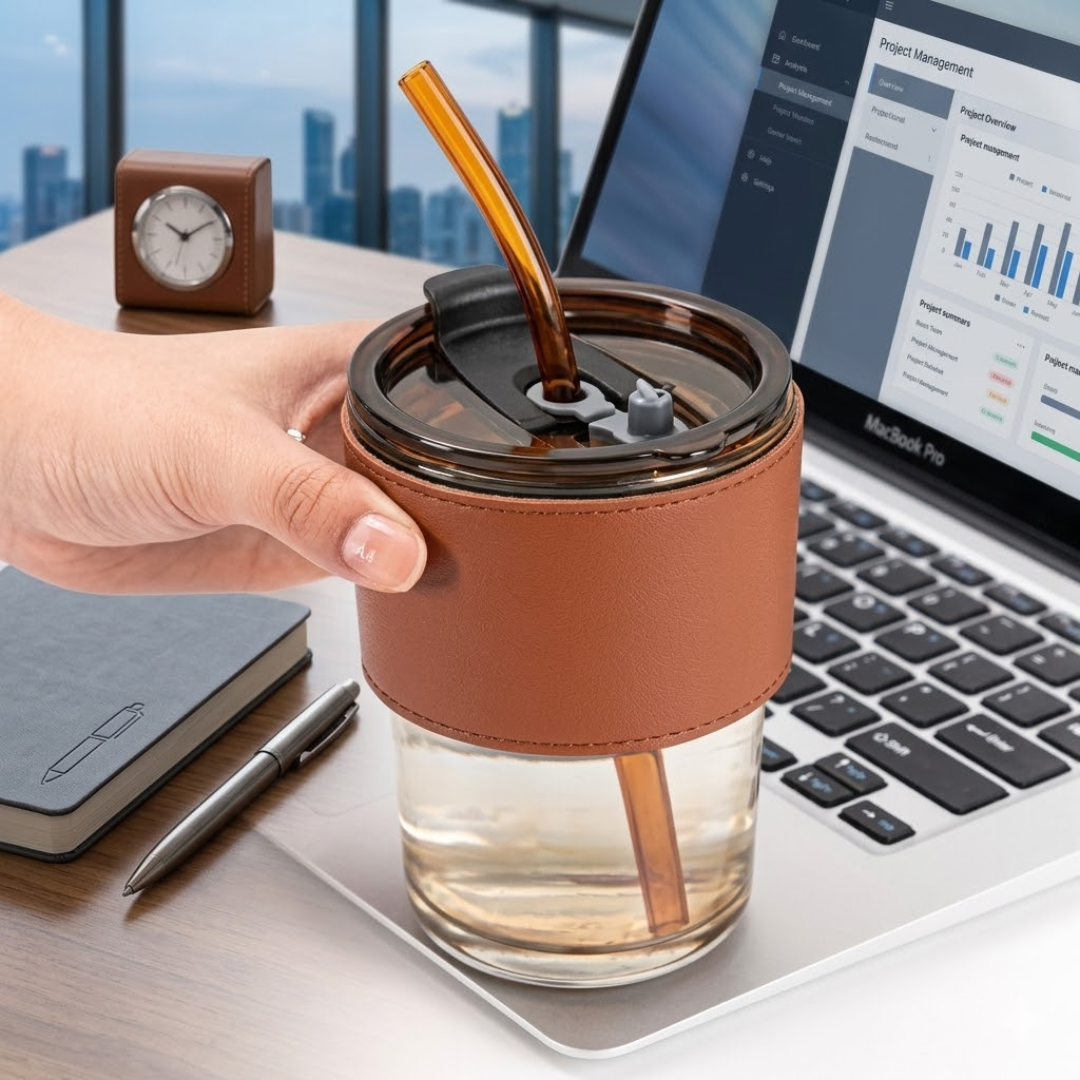 Premium Slub Glass with Straw & Lid – Sip in Style