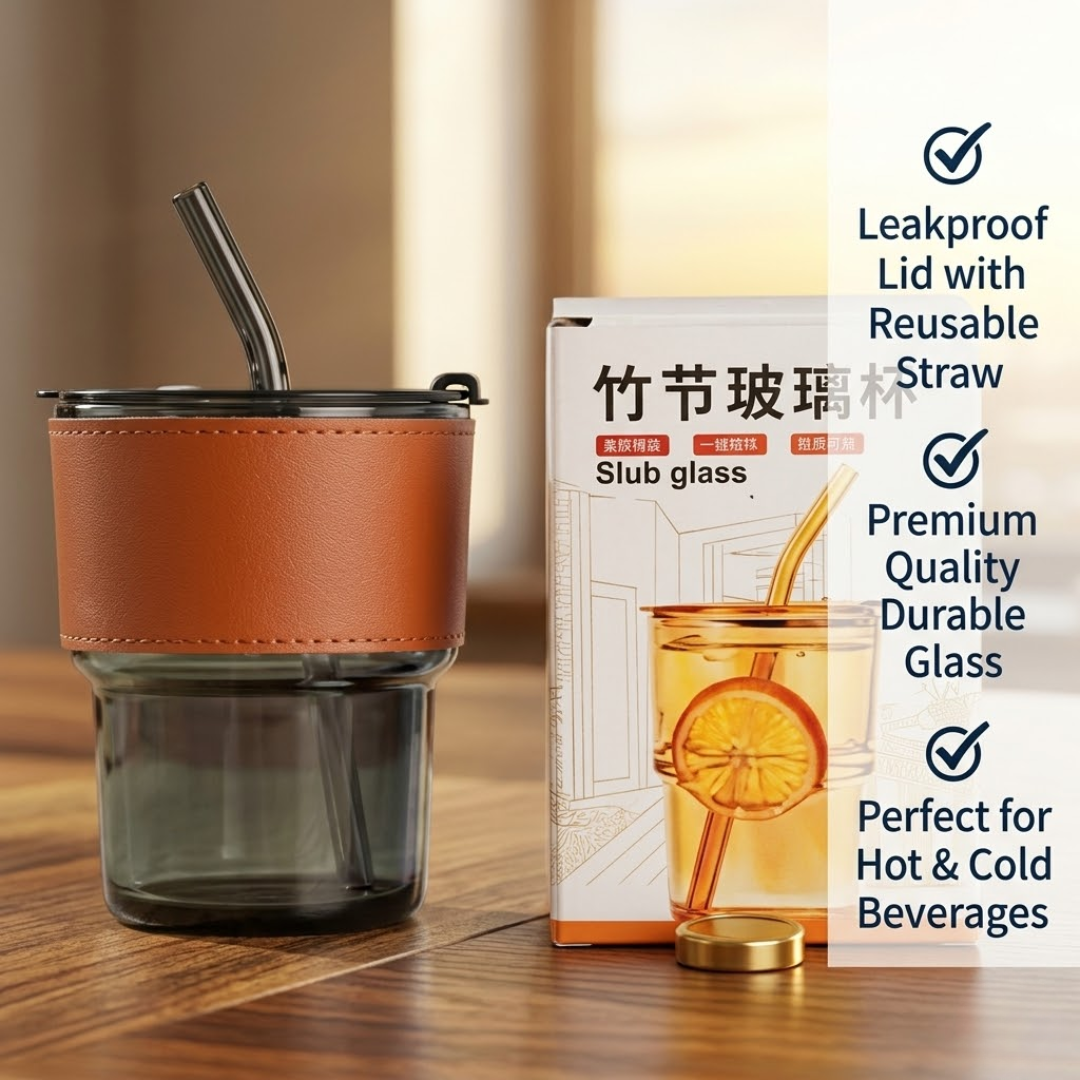Premium Slub Glass with Straw & Lid – Sip in Style