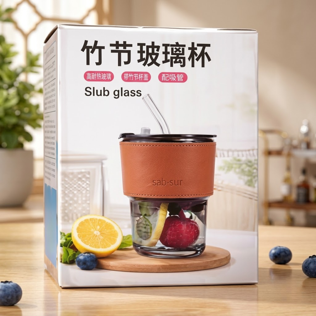 Premium Slub Glass with Straw & Lid – Sip in Style