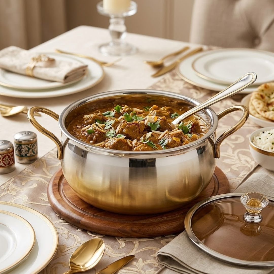 Premium Stainless Steel Lotus Dish Serve Pot with Lid – Elegant Multi-Purpose Serving Bowl for Rice, Curry, Biryani & Snacks