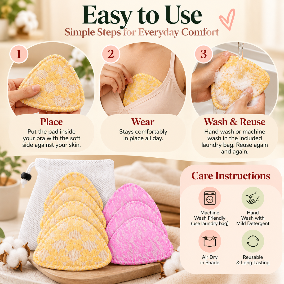 Triangle Reusable Cotton Breast Pads with Laundry Bag  ( 4-Layer ) – Pack of 6