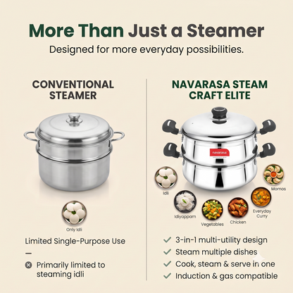 Navarasa Steam Craft Elite 3 in 1 | Heavy Cookpot, Steamer with Idly Plates Stainless Steel 2.8 L