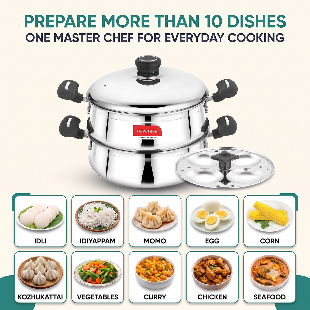 Navarasa Steam Craft Elite 3 in 1 | Heavy Cookpot, Steamer with Idly Plates Stainless Steel 2.8 L