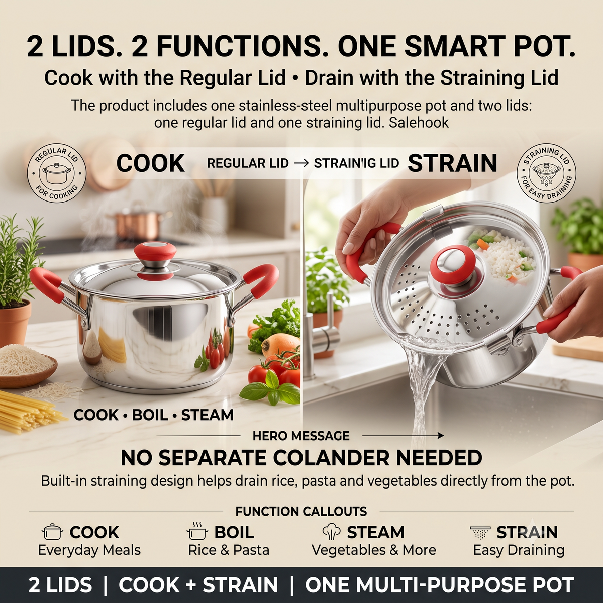 Rice Strainer Premium Stainless Steel Multi-Purpose Pot with 2 Lids | Multipurpose Cooking & Draining Pot