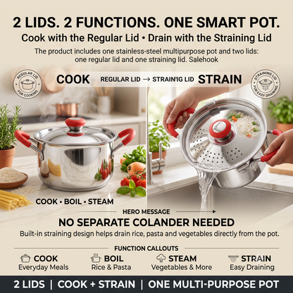 Rice Strainer Premium Stainless Steel Multi-Purpose Pot with 2 Lids | Multipurpose Cooking & Draining Pot