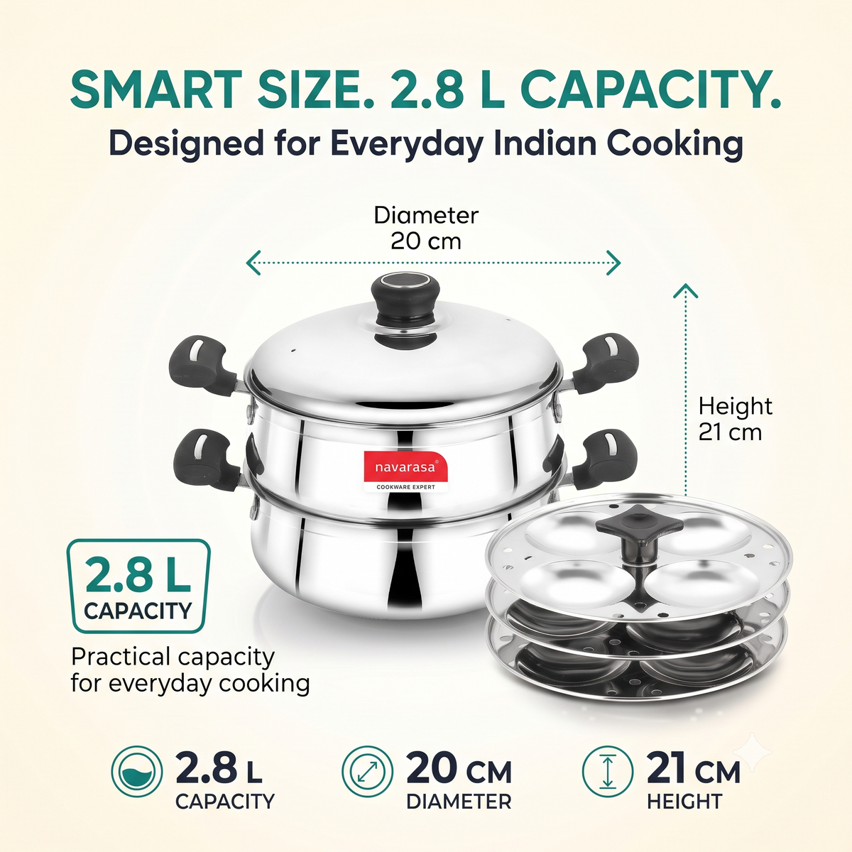 Navarasa Steam Craft Elite 3 in 1 | Heavy Cookpot, Steamer with Idly Plates Stainless Steel 2.8 L