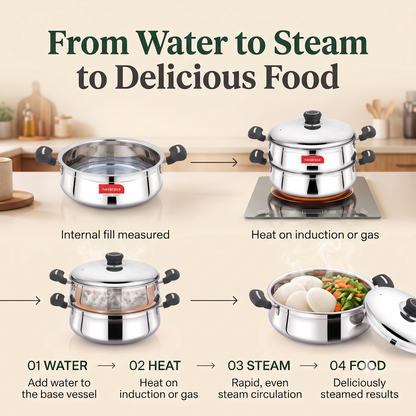 Navarasa Steam Craft Elite 3 in 1 | Heavy Cookpot, Steamer with Idly Plates Stainless Steel 2.8 L