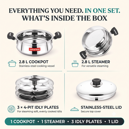 Navarasa Steam Craft Elite 3 in 1 | Heavy Cookpot, Steamer with Idly Plates Stainless Steel 2.8 L