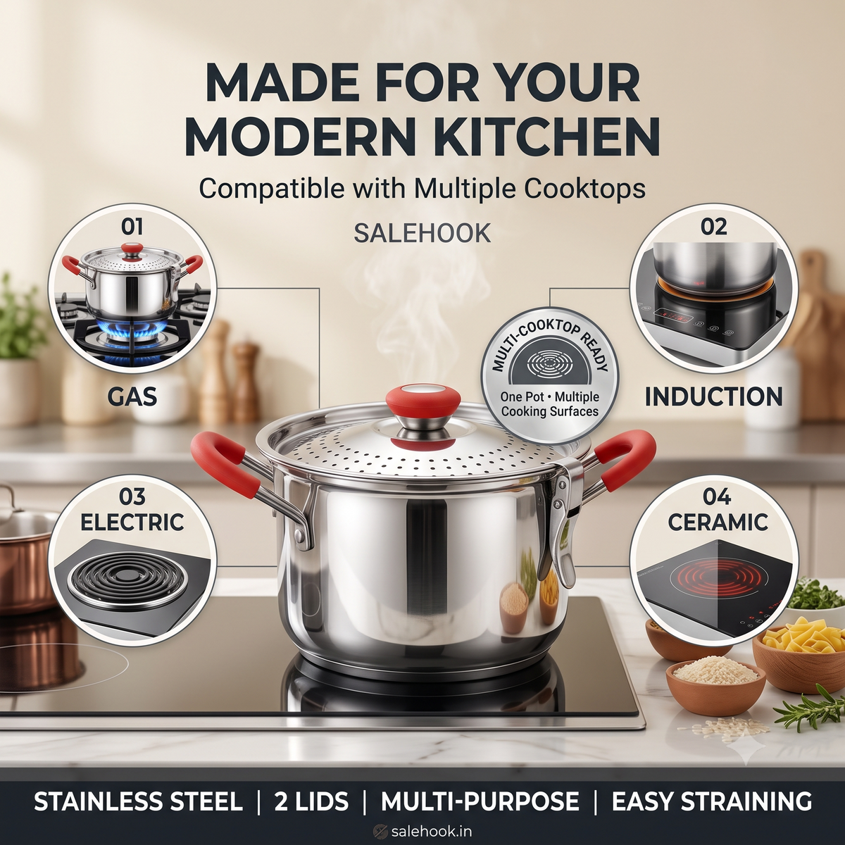 Rice Strainer Premium Stainless Steel Multi-Purpose Pot with 2 Lids | Multipurpose Cooking & Draining Pot