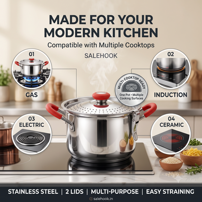Rice Strainer Premium Stainless Steel Multi-Purpose Pot with 2 Lids | Multipurpose Cooking & Draining Pot