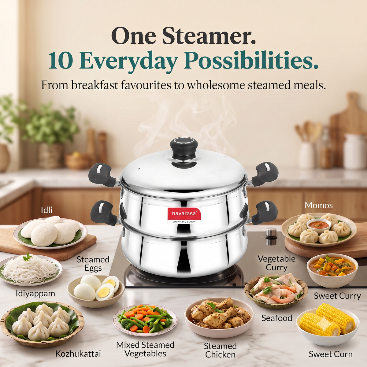Navarasa Steam Craft Elite 3 in 1 | Heavy Cookpot, Steamer with Idly Plates Stainless Steel 2.8 L