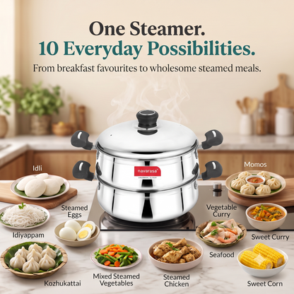 Navarasa Steam Craft Elite 3 in 1 | Heavy Cookpot, Steamer with Idly Plates Stainless Steel 2.8 L