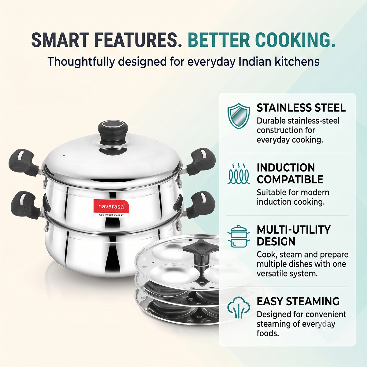 Navarasa Steam Craft Elite 3 in 1 | Heavy Cookpot, Steamer with Idly Plates Stainless Steel 2.8 L