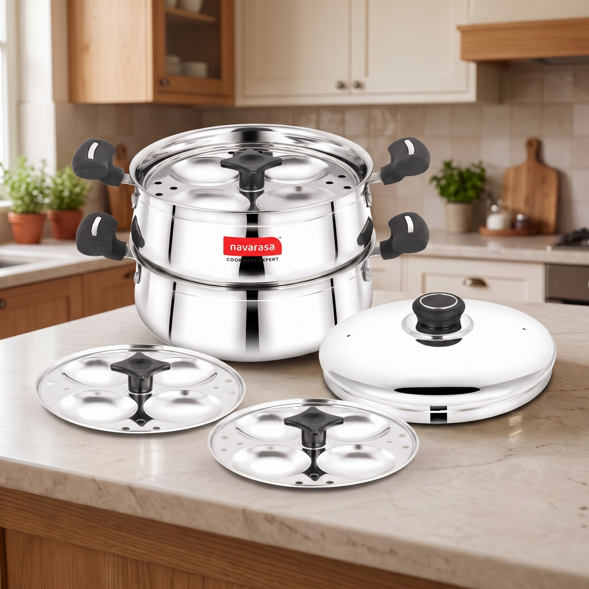 Navarasa Steam Craft Elite 3 in 1 | Heavy Cookpot, Steamer with Idly Plates Stainless Steel 2.8 L