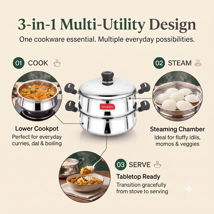 Navarasa Steam Craft Elite 3 in 1 | Heavy Cookpot, Steamer with Idly Plates Stainless Steel 2.8 L