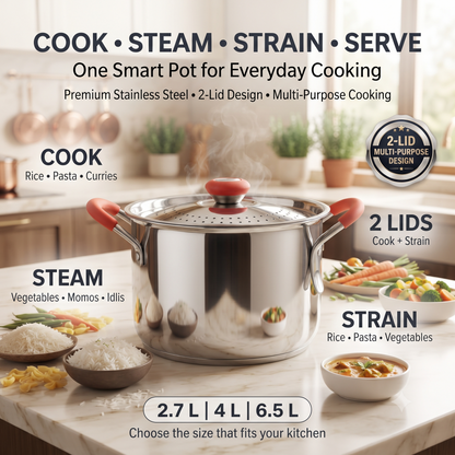 Rice Strainer Premium Stainless Steel Multi-Purpose Pot with 2 Lids | Multipurpose Cooking & Draining Pot