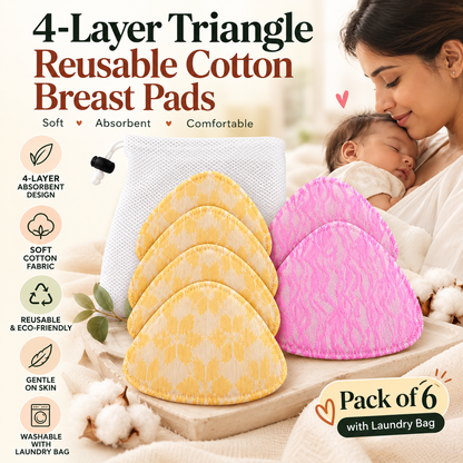 Triangle Reusable Cotton Breast Pads with Laundry Bag  ( 4-Layer ) – Pack of 6
