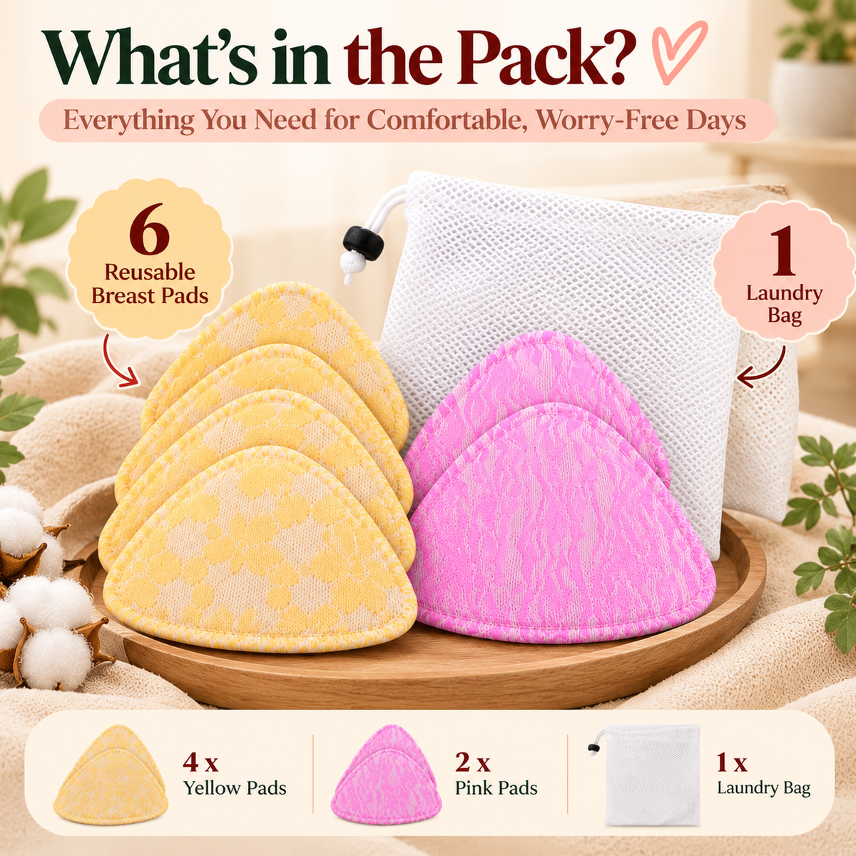 Triangle Reusable Cotton Breast Pads with Laundry Bag  ( 4-Layer ) – Pack of 6