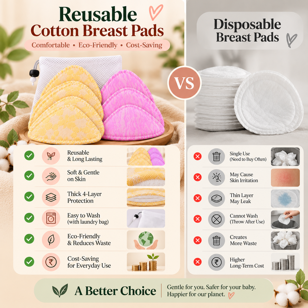 Triangle Reusable Cotton Breast Pads with Laundry Bag  ( 4-Layer ) – Pack of 6