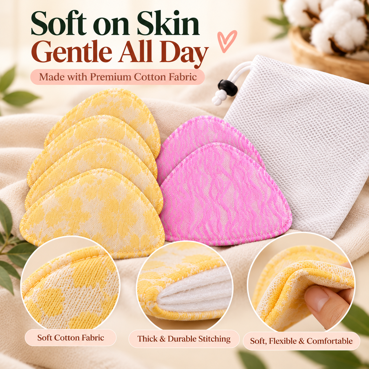 Triangle Reusable Cotton Breast Pads with Laundry Bag  ( 4-Layer ) – Pack of 6