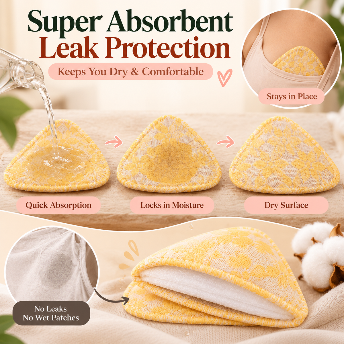 Triangle Reusable Cotton Breast Pads with Laundry Bag  ( 4-Layer ) – Pack of 6