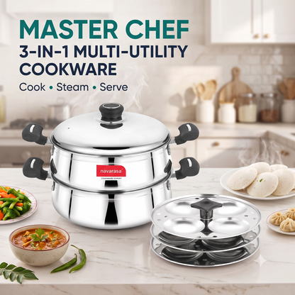 Navarasa Steam Craft Elite 3 in 1 | Heavy Cookpot, Steamer with Idly Plates Stainless Steel 2.8 L